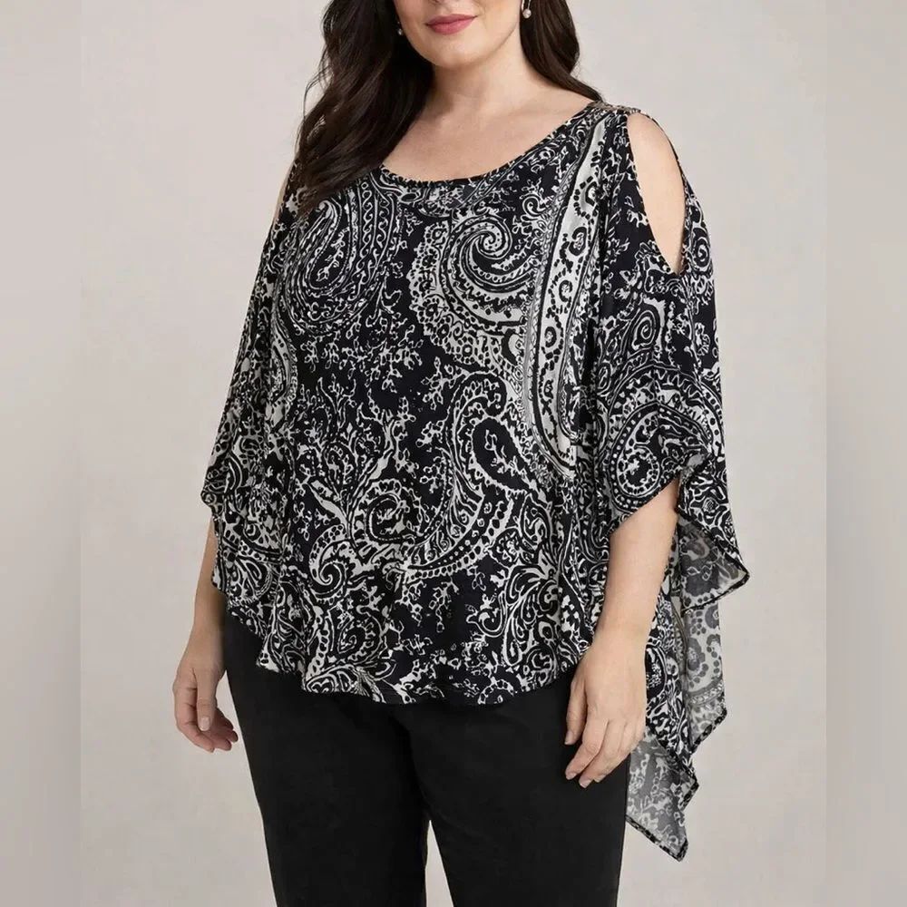 Joseph Ribkoff Paisley Beaded Cold Shoulder Cape Sleeve Top Black White Size 20